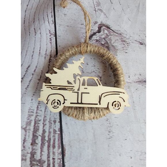 Set Of 2 Twine Wrapped Round Ornament With Wooden Truck With Tree Ornament - Picture 2 of 4